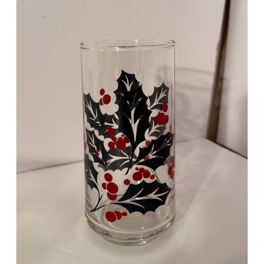 Vtg Indiana‎ Glass Christmas Holly Leaves & Berries Tumbler-6" Tall Drinkware